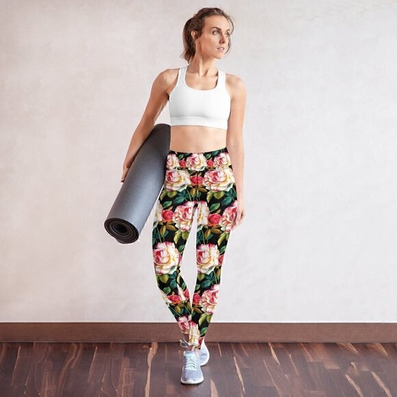 BEAUTIFUL Vintage Red Tipped Rose Yoga Leggings, High Waist Hand Sewn Roses | St - Picture 1 of 7